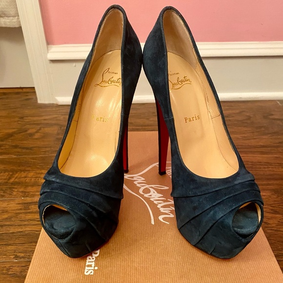 Christian Louboutin Drapesse 160 Suede Teal Peep Toe Heels